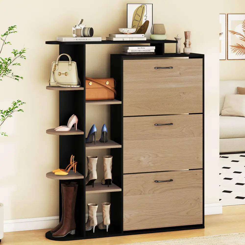 Shoe Cabinet with Open Shelves Modern Shoe Organizer with 3 Flip Drawers-Black - Black - Shoe Racks & Storage Benches