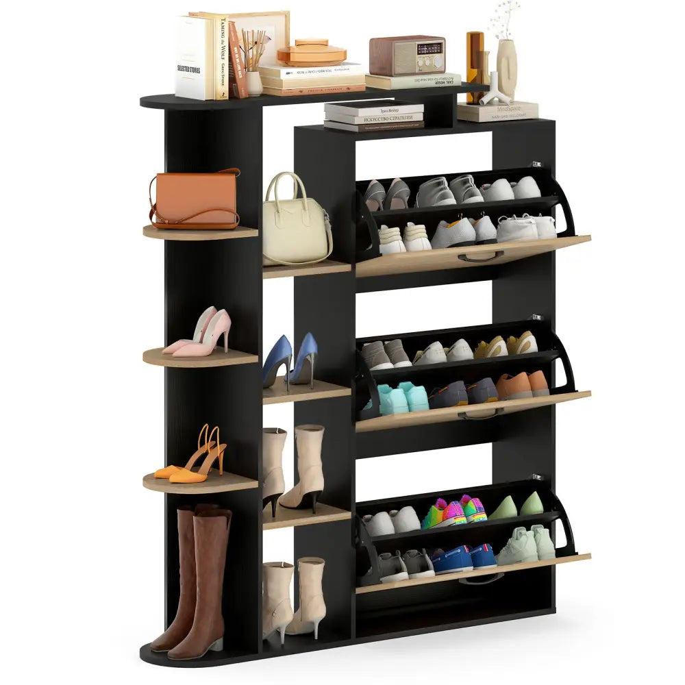 Shoe Cabinet with Open Shelves Modern Shoe Organizer with 3 Flip Drawers-Black - Black - Shoe Racks & Storage Benches