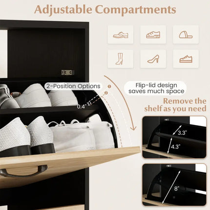 Shoe Cabinet with Open Shelves Modern Shoe Organizer with 3 Flip Drawers-Black - Black - Shoe Racks & Storage Benches