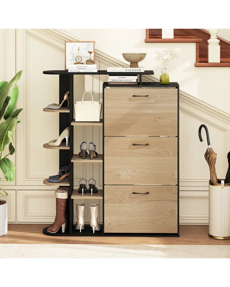 Shoe Cabinet with Open Shelves Modern Shoe Organizer with 3 Flip Drawers-Black - Black - Shoe Racks & Storage Benches