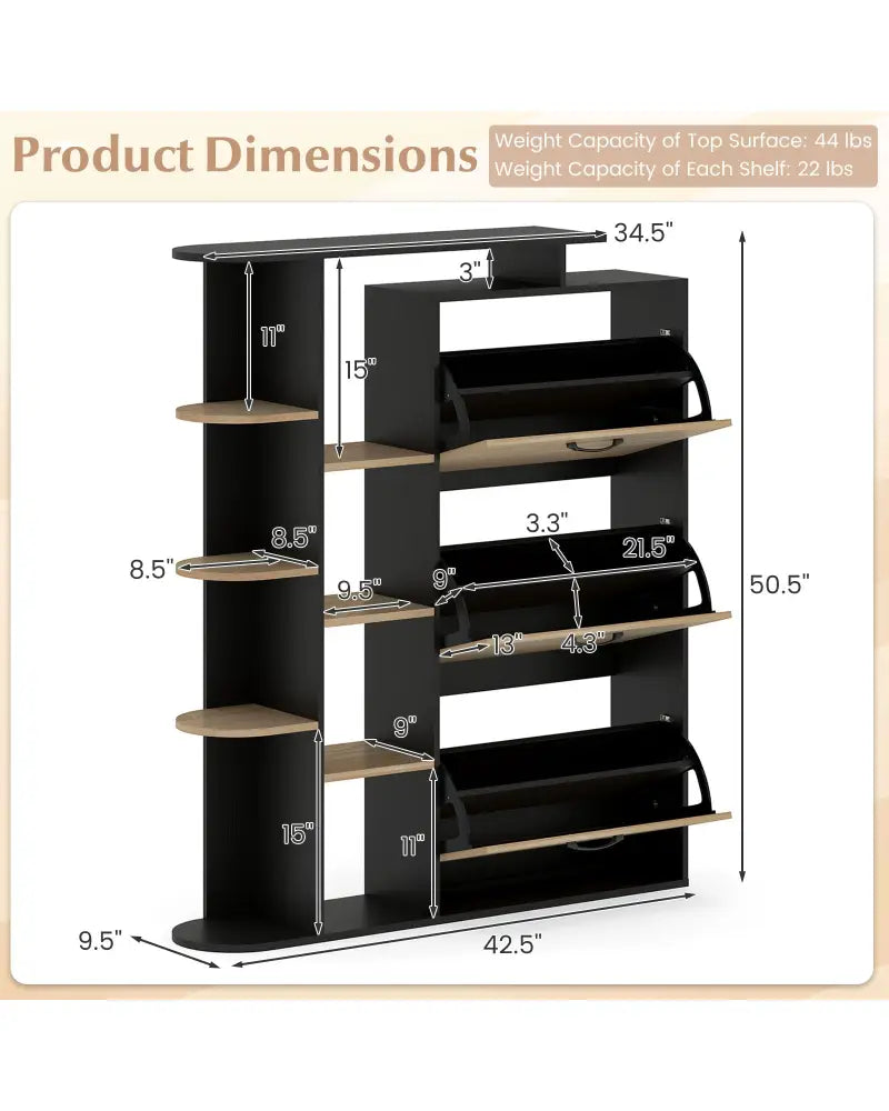 Shoe Cabinet with Open Shelves Modern Shoe Organizer with 3 Flip Drawers-Black - Black - Shoe Racks & Storage Benches