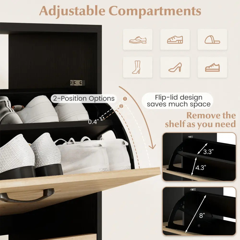 Shoe Cabinet with Open Shelves Modern Shoe Organizer with 3 Flip Drawers-Black - Black - Shoe Racks & Storage Benches