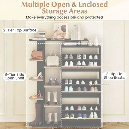Shoe Cabinet with Open Shelves Modern Shoe Organizer with 3 Flip Drawers-Black - Black - Shoe Racks & Storage Benches