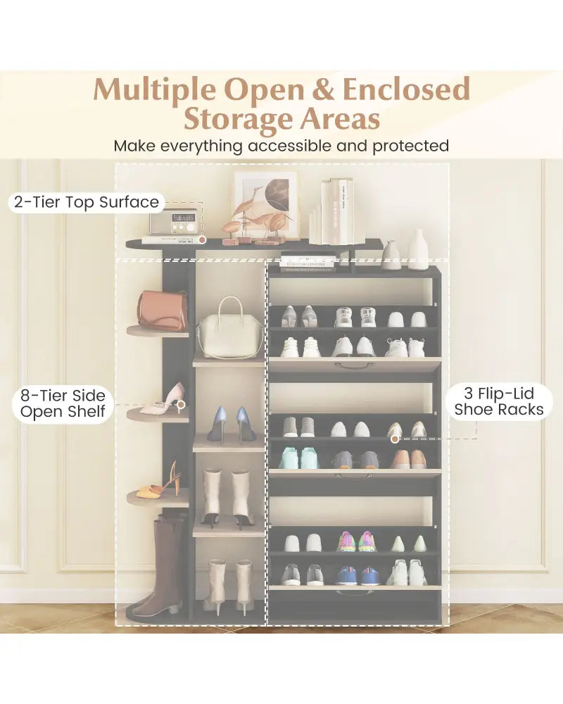 Shoe Cabinet with Open Shelves Modern Shoe Organizer with 3 Flip Drawers-Black - Black - Shoe Racks & Storage Benches