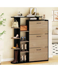 Shoe Cabinet with Open Shelves Modern Shoe Organizer with 3 Flip Drawers-Black - Black - Shoe Racks & Storage Benches
