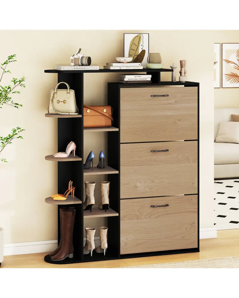 Shoe Cabinet with Open Shelves Modern Shoe Organizer with 3 Flip Drawers-Black - Black - Shoe Racks & Storage Benches