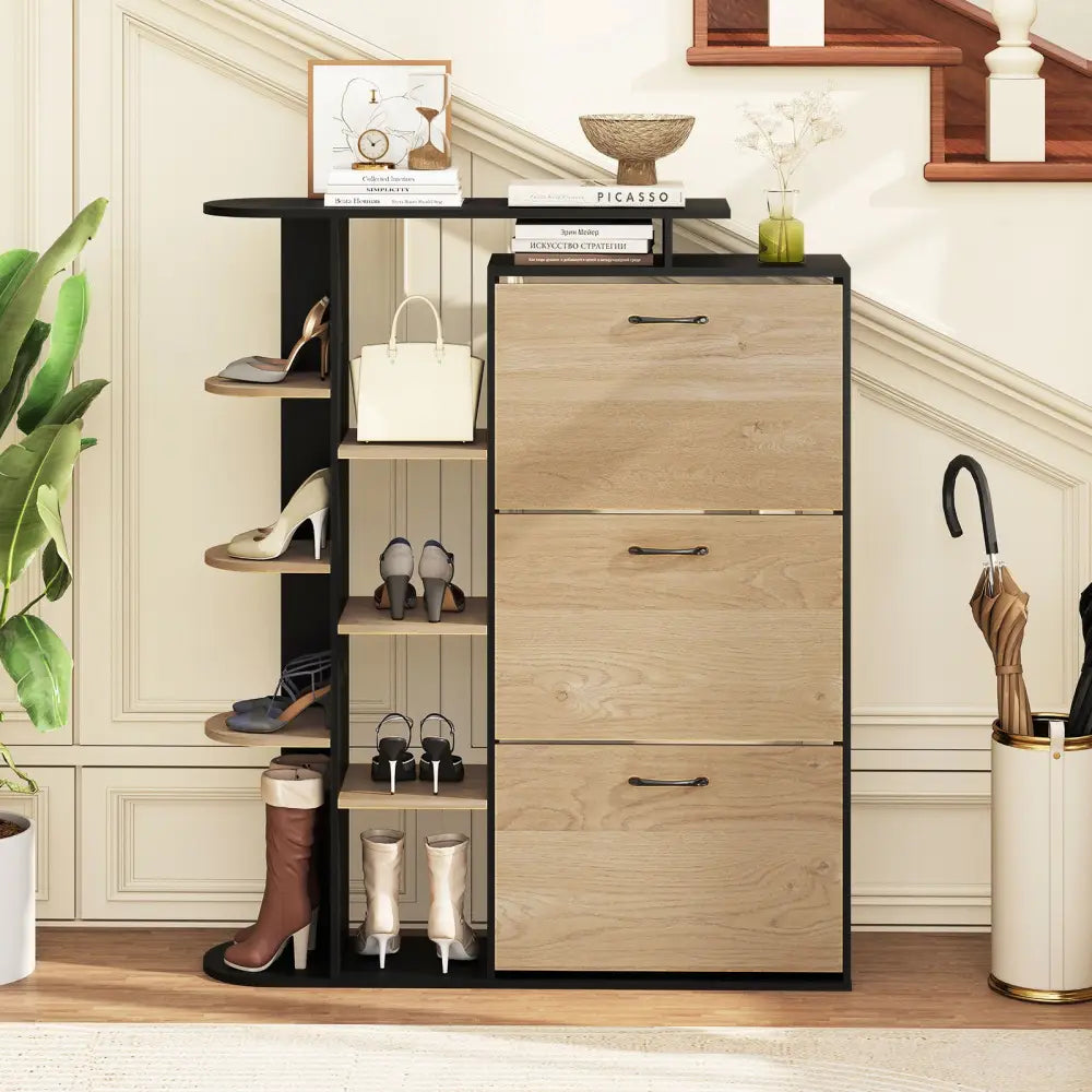 Shoe Cabinet with Open Shelves Modern Shoe Organizer with 3 Flip Drawers-Black - Black - Shoe Racks & Storage Benches