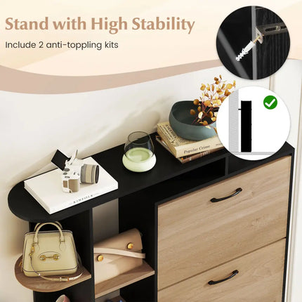 Shoe Cabinet with Open Shelves Modern Shoe Organizer with 3 Flip Drawers-Black - Black - Shoe Racks & Storage Benches