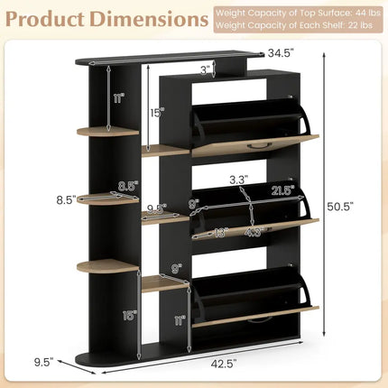Shoe Cabinet with Open Shelves Modern Shoe Organizer with 3 Flip Drawers-Black - Black - Shoe Racks & Storage Benches
