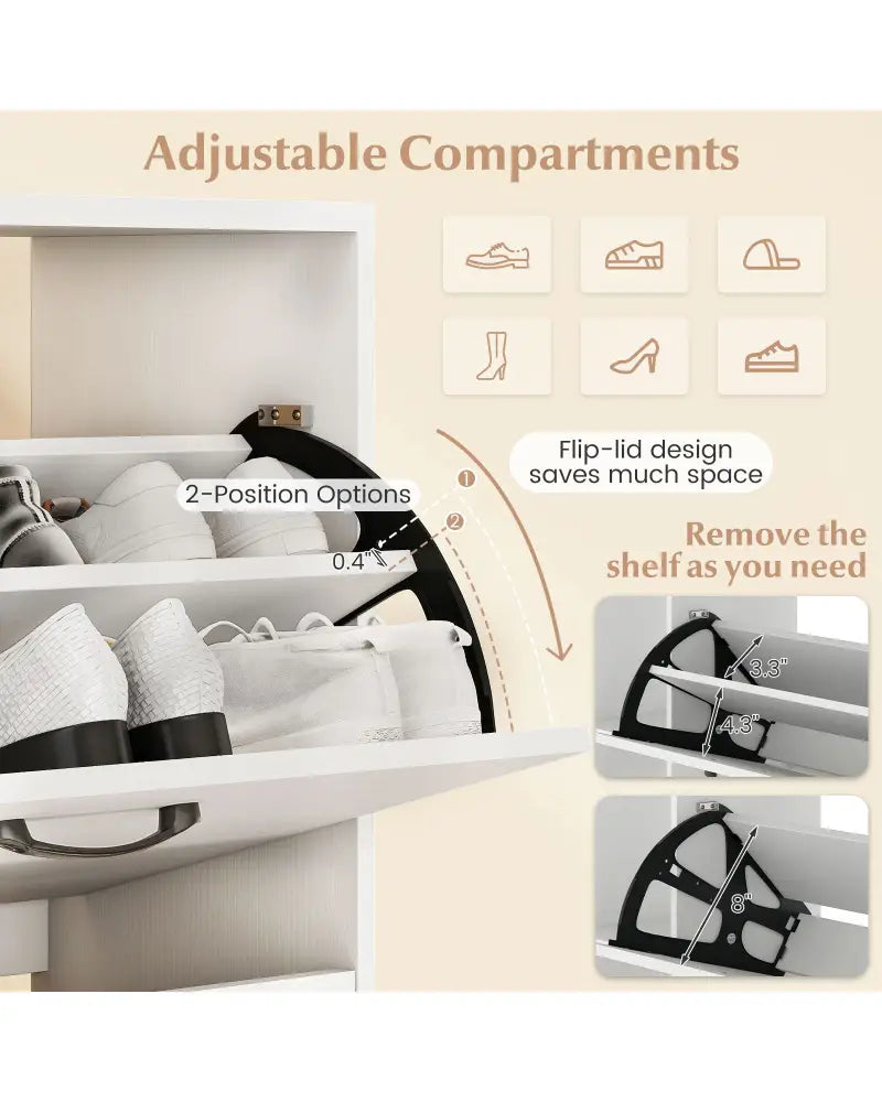 Shoe Cabinet with Open Shelves Modern Shoe Organizer with 3 Flip Drawers-White - White - Shoe Racks & Storage Benches