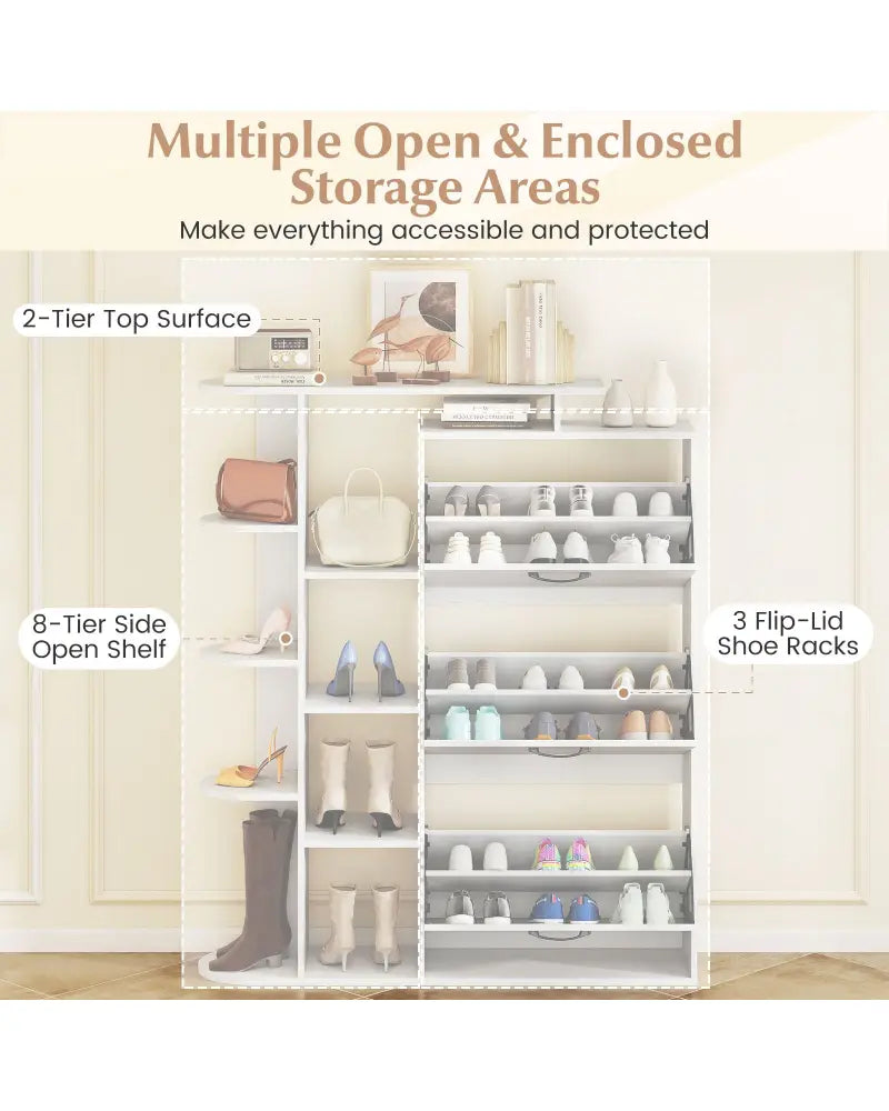 Shoe Cabinet with Open Shelves Modern Shoe Organizer with 3 Flip Drawers-White - White - Shoe Racks & Storage Benches