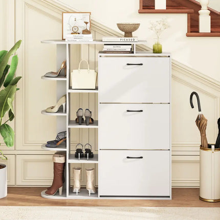 Shoe Cabinet with Open Shelves Modern Shoe Organizer with 3 Flip Drawers-White - White - Shoe Racks & Storage Benches