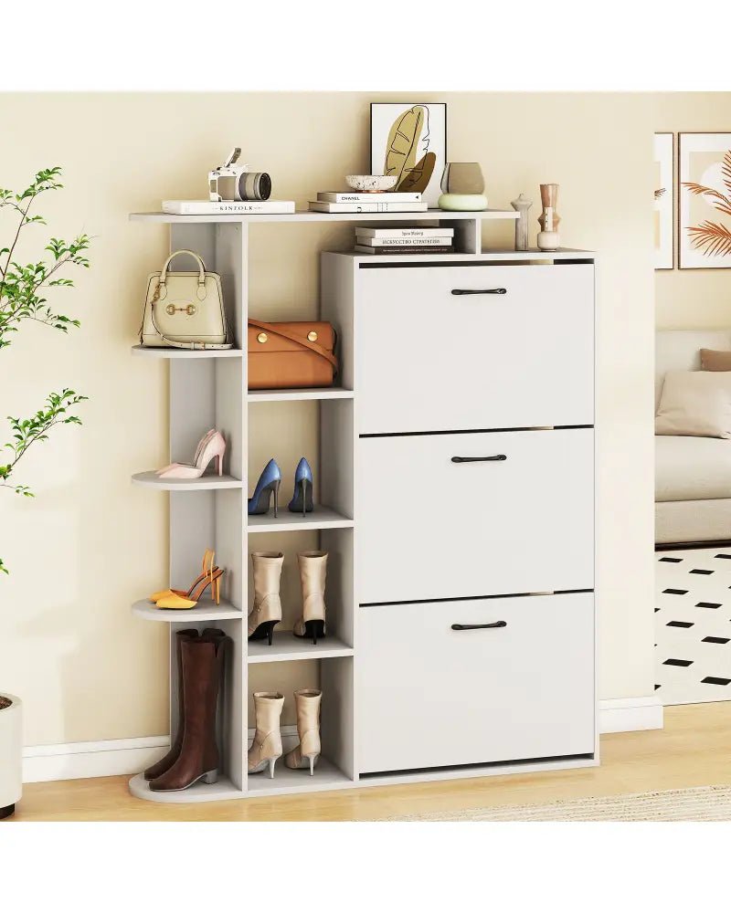 Shoe Cabinet with Open Shelves Modern Shoe Organizer with 3 Flip Drawers-White - White - Shoe Racks & Storage Benches