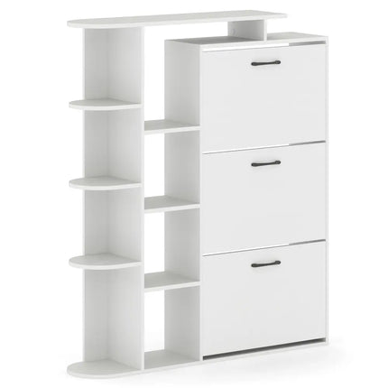 Shoe Cabinet with Open Shelves Modern Shoe Organizer with 3 Flip Drawers-White - White - Shoe Racks & Storage Benches