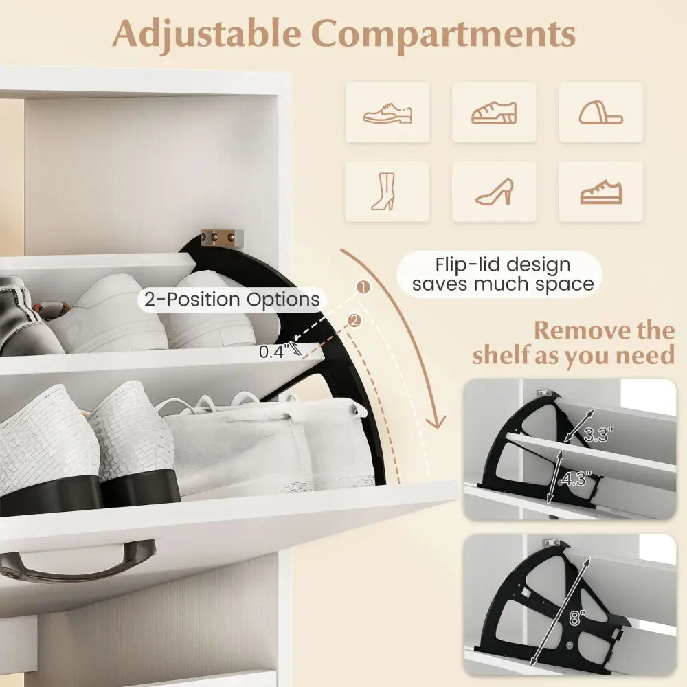 Shoe Cabinet with Open Shelves Modern Shoe Organizer with 3 Flip Drawers-White - White - Shoe Racks & Storage Benches
