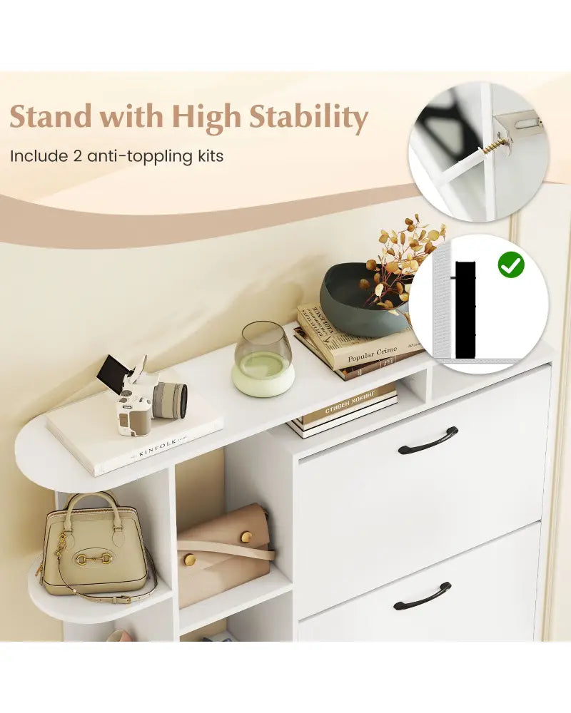 Shoe Cabinet with Open Shelves Modern Shoe Organizer with 3 Flip Drawers-White - White - Shoe Racks & Storage Benches