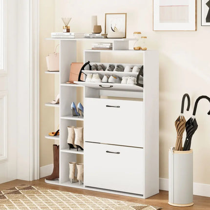 Shoe Cabinet with Open Shelves Modern Shoe Organizer with 3 Flip Drawers-White - White - Shoe Racks & Storage Benches