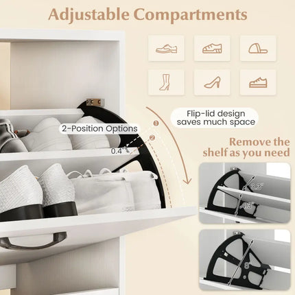 Shoe Cabinet with Open Shelves Modern Shoe Organizer with 3 Flip Drawers-White - White - Shoe Racks & Storage Benches