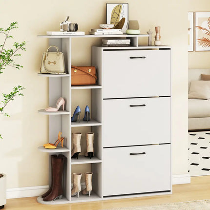 Shoe Cabinet with Open Shelves Modern Shoe Organizer with 3 Flip Drawers-White - White - Shoe Racks & Storage Benches