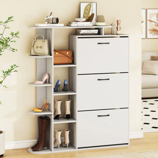 Shoe Cabinet with Open Shelves Modern Shoe Organizer with 3 Flip Drawers-White - White - Shoe Racks & Storage Benches