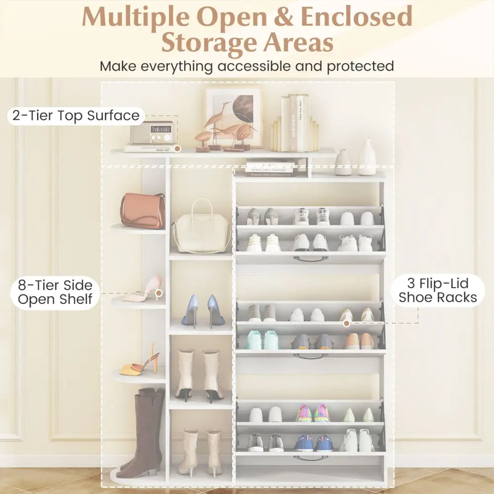 Shoe Cabinet with Open Shelves Modern Shoe Organizer with 3 Flip Drawers-White - White - Shoe Racks & Storage Benches