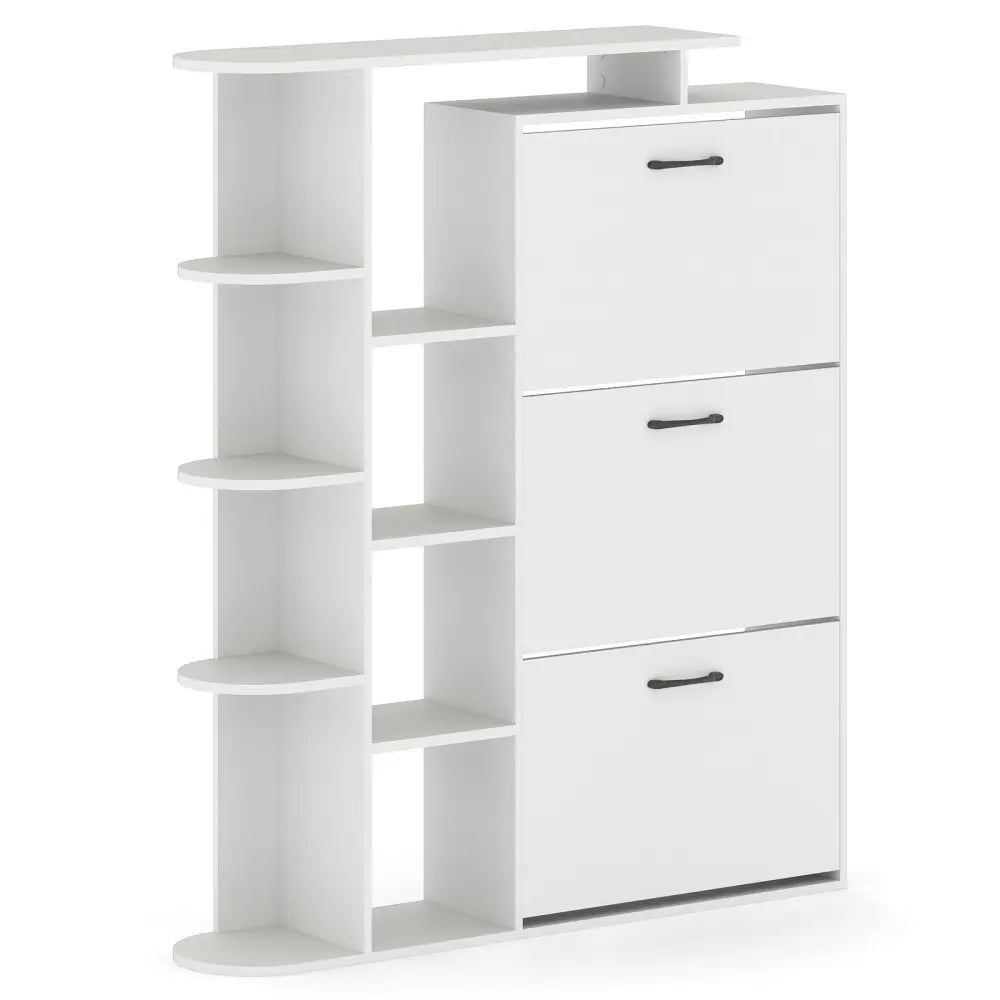 Shoe Cabinet with Open Shelves Modern Shoe Organizer with 3 Flip Drawers-White - White - Shoe Racks & Storage Benches