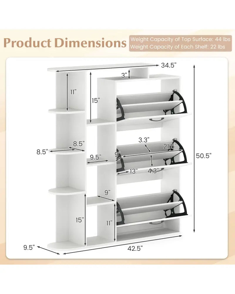 Shoe Cabinet with Open Shelves Modern Shoe Organizer with 3 Flip Drawers-White - White - Shoe Racks & Storage Benches