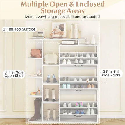 Shoe Cabinet with Open Shelves Modern Shoe Organizer with 3 Flip Drawers-White - White - Shoe Racks & Storage Benches