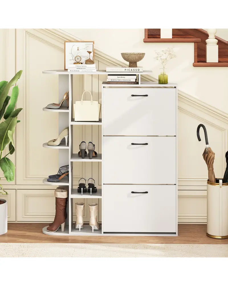 Shoe Cabinet with Open Shelves Modern Shoe Organizer with 3 Flip Drawers-White - White - Shoe Racks & Storage Benches
