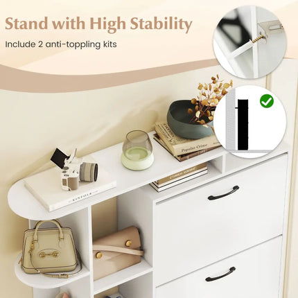 Shoe Cabinet with Open Shelves Modern Shoe Organizer with 3 Flip Drawers-White - White - Shoe Racks & Storage Benches