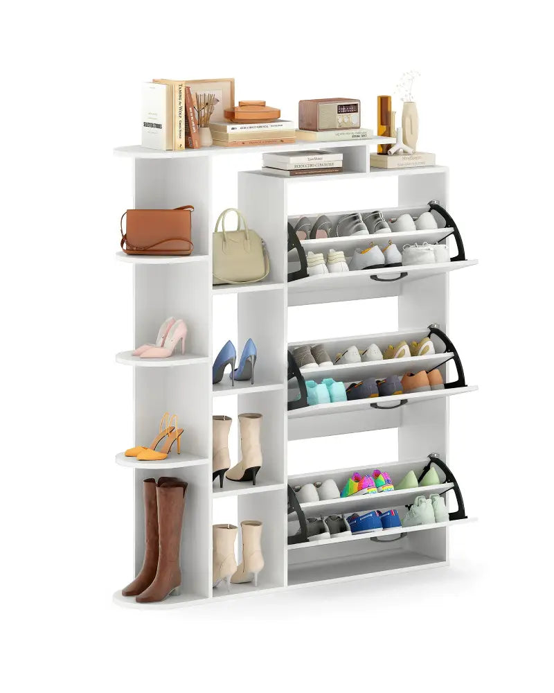 Shoe Cabinet with Open Shelves Modern Shoe Organizer with 3 Flip Drawers-White - White - Shoe Racks & Storage Benches