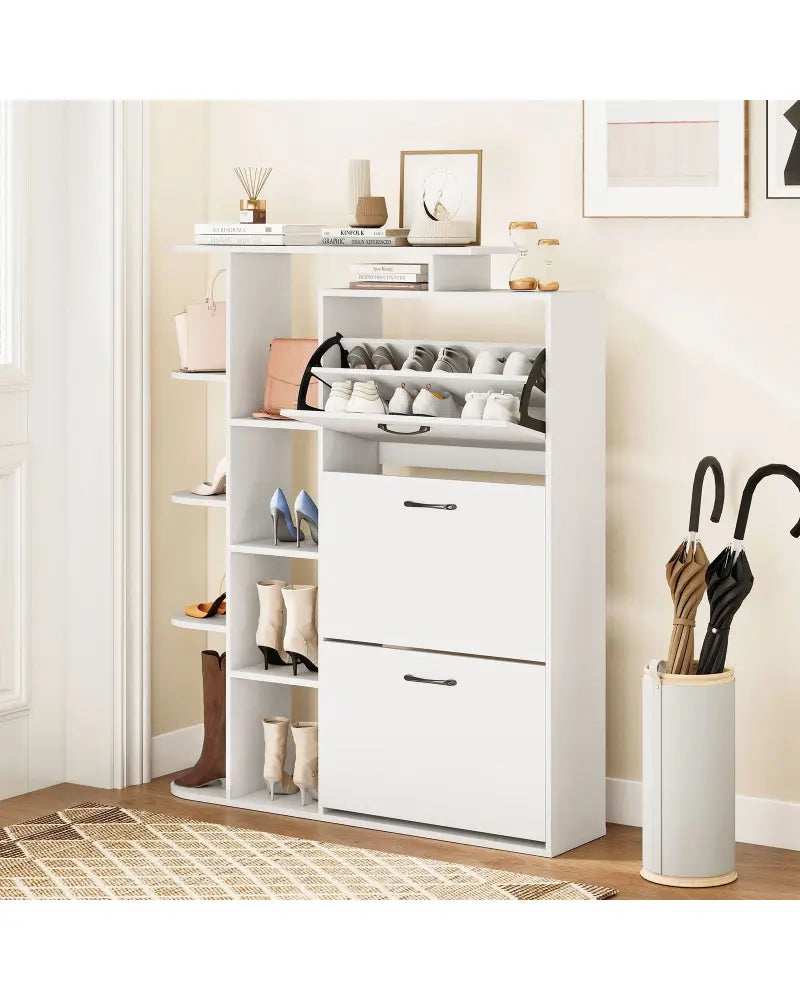 Shoe Cabinet with Open Shelves Modern Shoe Organizer with 3 Flip Drawers-White - White - Shoe Racks & Storage Benches