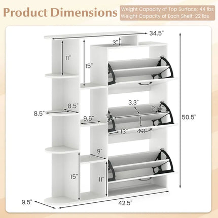 Shoe Cabinet with Open Shelves Modern Shoe Organizer with 3 Flip Drawers-White - White - Shoe Racks & Storage Benches