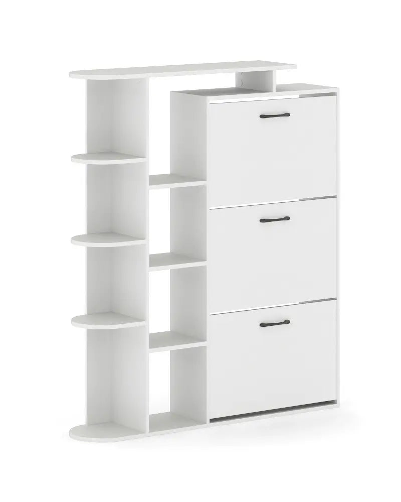 Shoe Cabinet with Open Shelves Modern Shoe Organizer with 3 Flip Drawers-White - White - Shoe Racks & Storage Benches