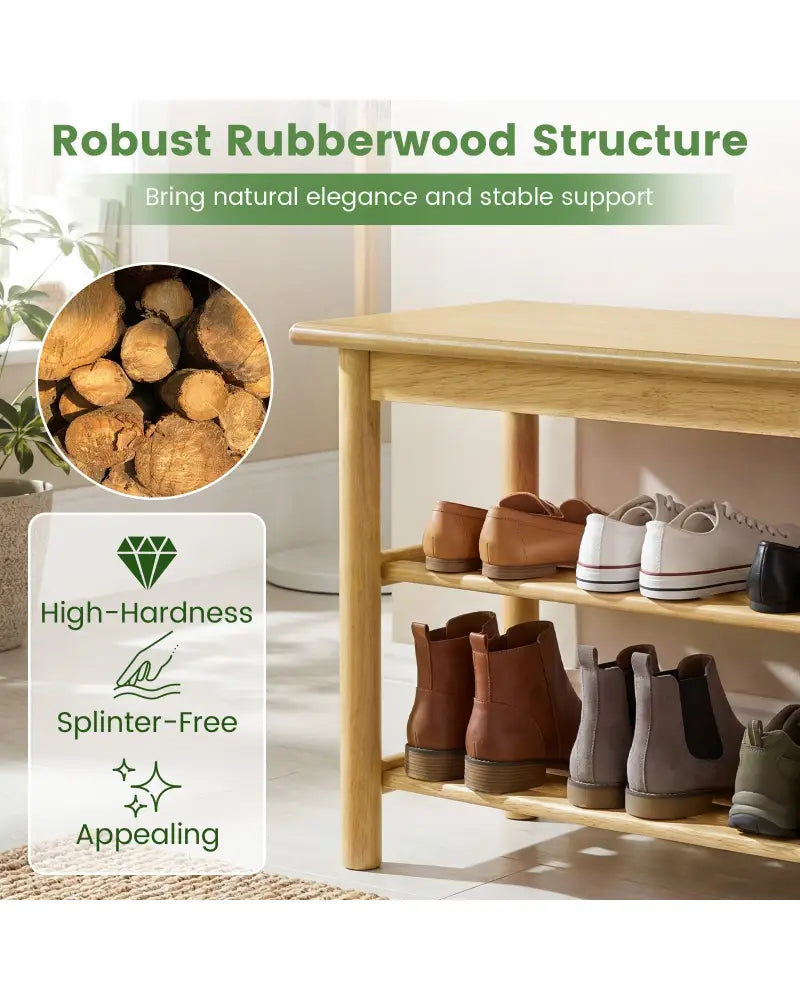 Shoe Rack Bench 3-Tier Rubberwood Shoe Changing Bench-Natrual - Natural - Shoe Racks & Storage Benches