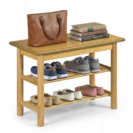 Shoe Rack Bench 3-Tier Rubberwood Shoe Changing Bench-Natrual - Natural - Shoe Racks & Storage Benches