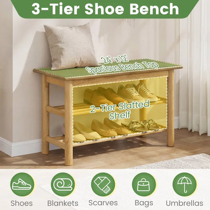 Shoe Rack Bench 3-Tier Rubberwood Shoe Changing Bench-Natrual - Natural - Shoe Racks & Storage Benches