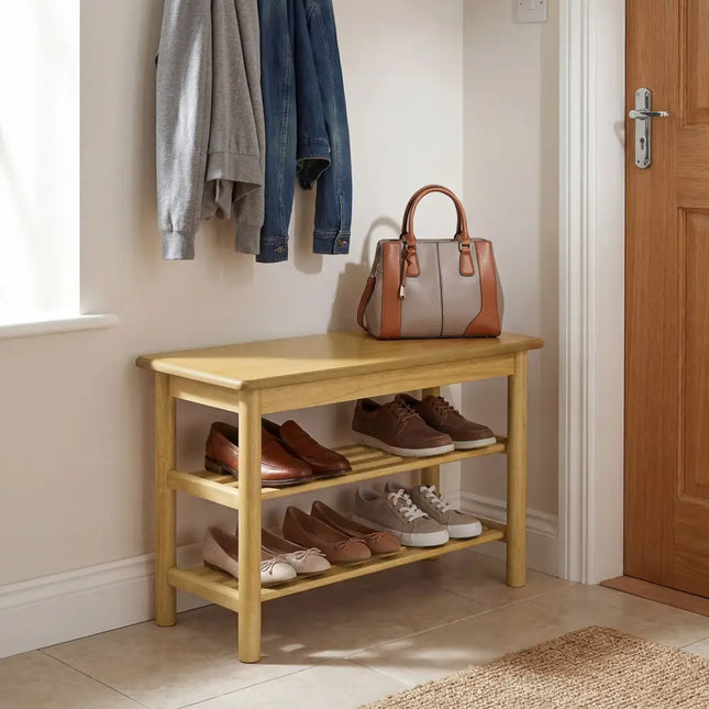 Shoe Rack Bench 3-Tier Rubberwood Shoe Changing Bench-Natrual - Natural - Shoe Racks & Storage Benches