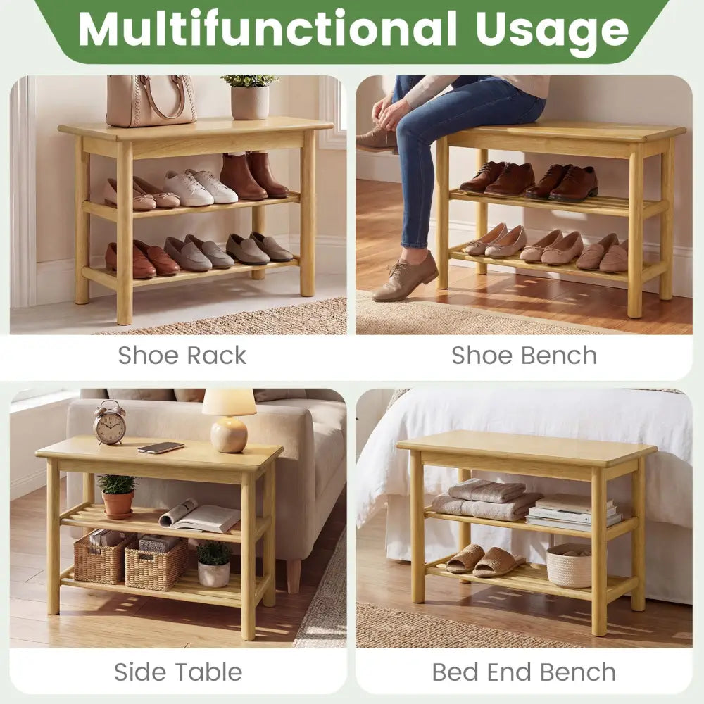 Shoe Rack Bench 3-Tier Rubberwood Shoe Changing Bench-Natrual - Natural - Shoe Racks & Storage Benches