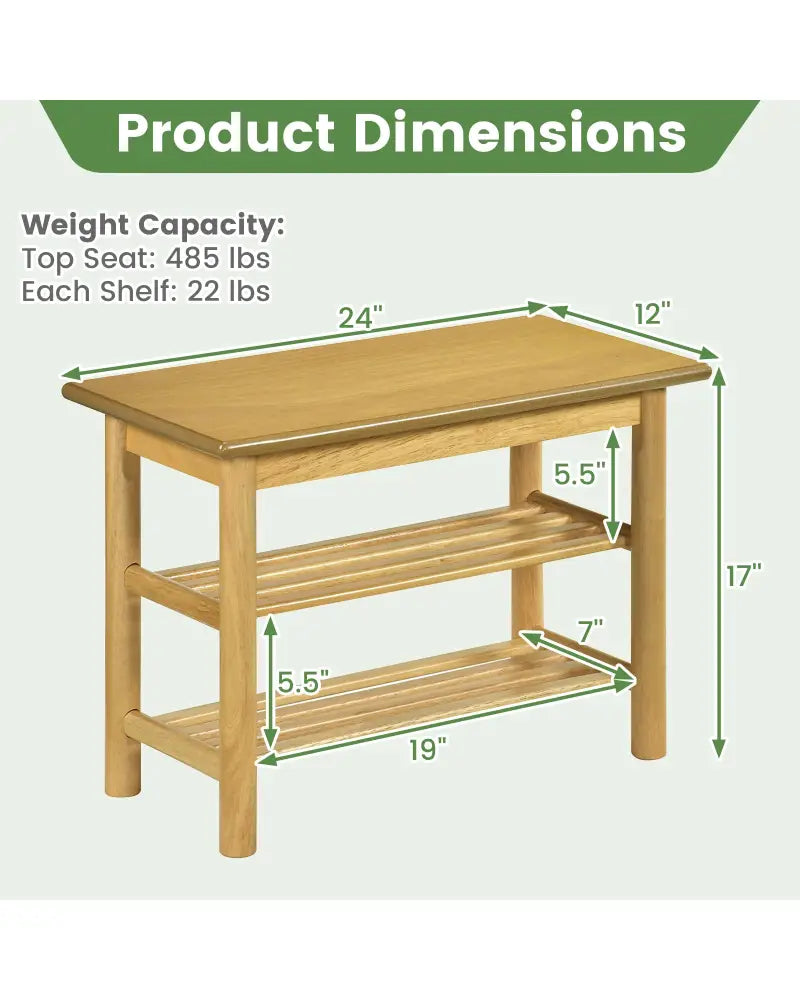 Shoe Rack Bench 3-Tier Rubberwood Shoe Changing Bench-Natrual - Natural - Shoe Racks & Storage Benches