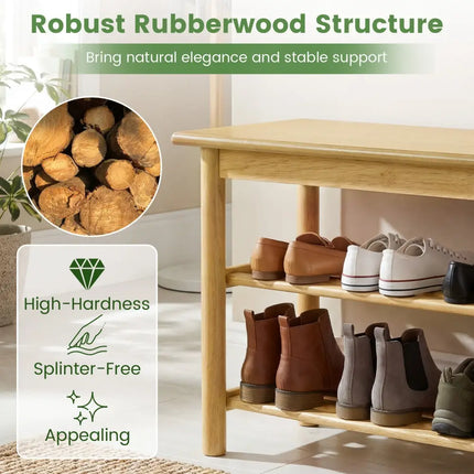 Shoe Rack Bench 3-Tier Rubberwood Shoe Changing Bench-Natrual - Natural - Shoe Racks & Storage Benches