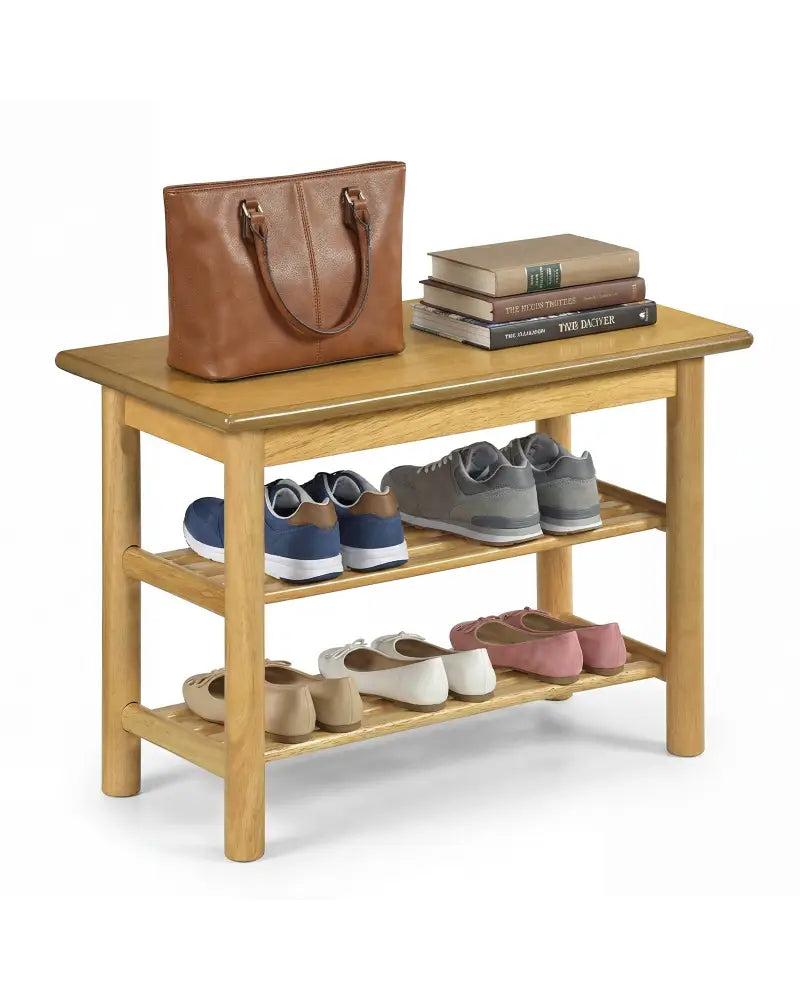 Shoe Rack Bench 3-Tier Rubberwood Shoe Changing Bench-Natrual - Natural - Shoe Racks & Storage Benches