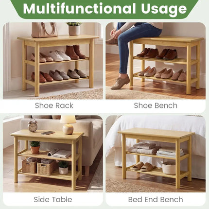 Shoe Rack Bench 3-Tier Rubberwood Shoe Changing Bench-Natrual - Natural - Shoe Racks & Storage Benches