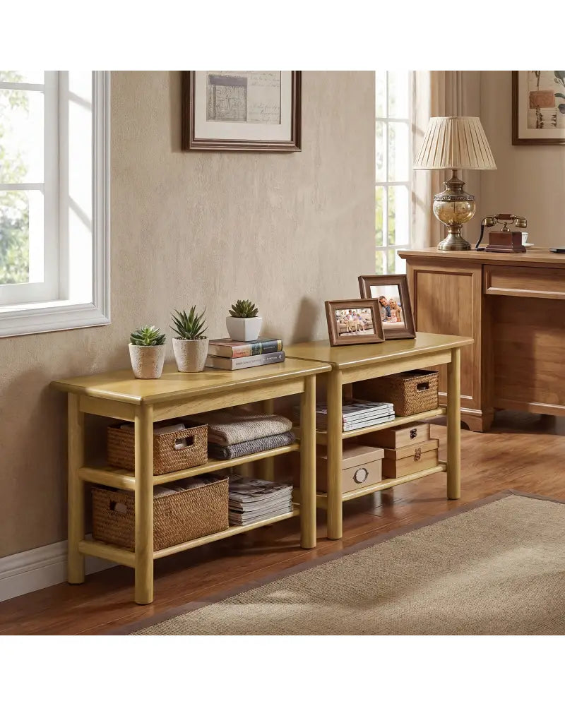 Shoe Rack Bench 3-Tier Rubberwood Shoe Changing Bench-Natrual - Natural - Shoe Racks & Storage Benches