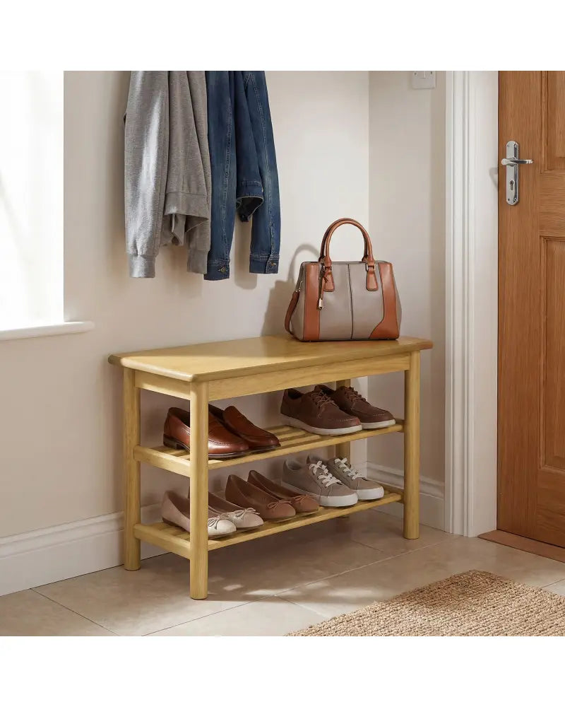 Shoe Rack Bench 3-Tier Rubberwood Shoe Changing Bench-Natrual - Natural - Shoe Racks & Storage Benches