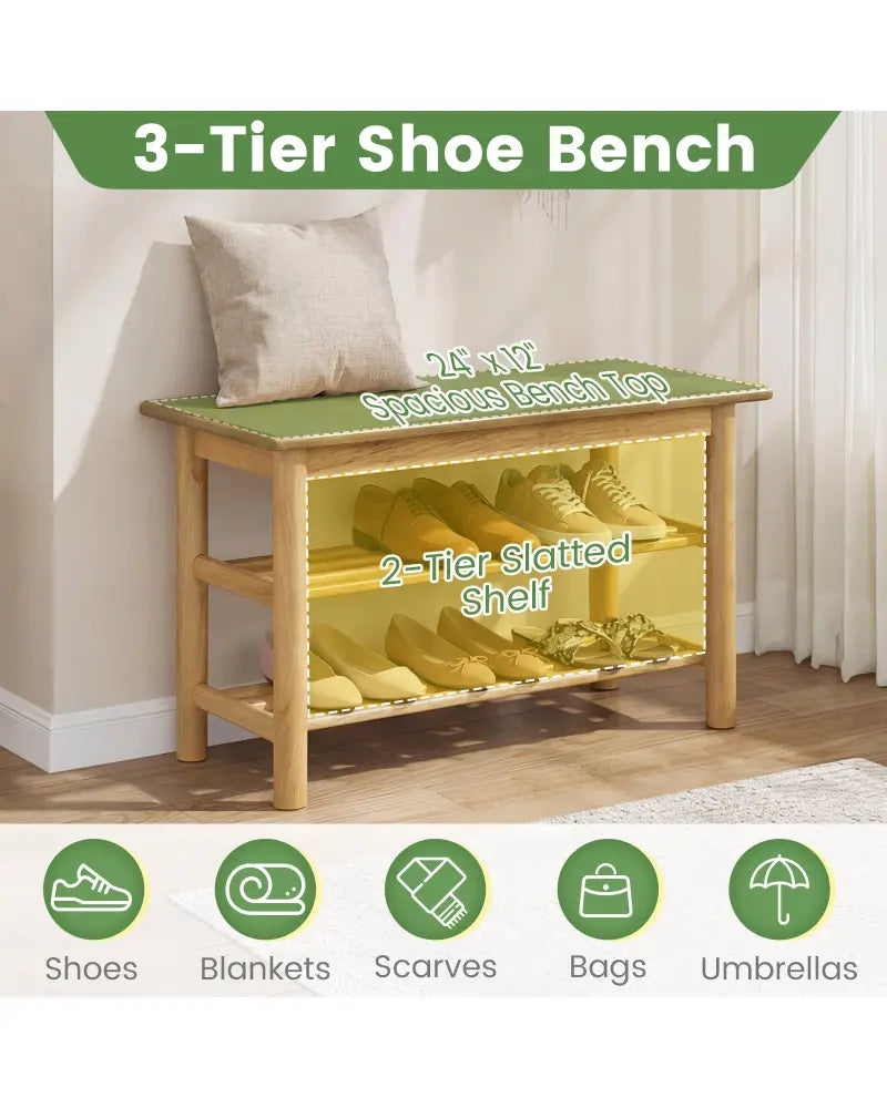 Shoe Rack Bench 3-Tier Rubberwood Shoe Changing Bench-Natrual - Natural - Shoe Racks & Storage Benches