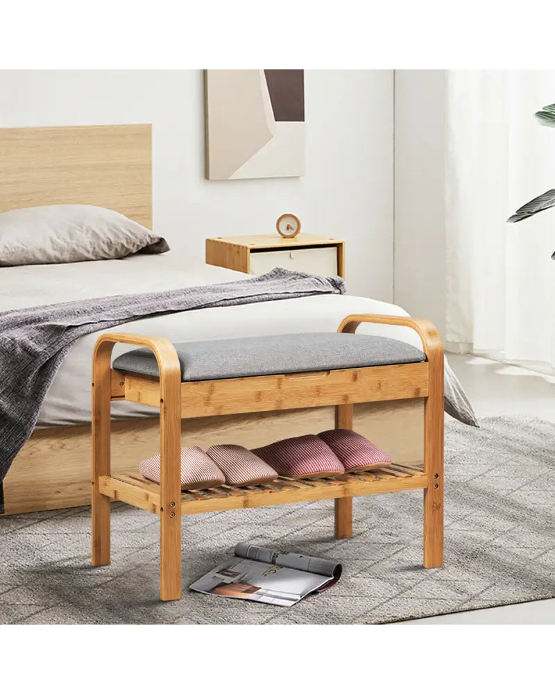 Shoe Rack Bench Bamboo with Storage Shelf-Natural - Natural - Shoe Racks & Storage Benches