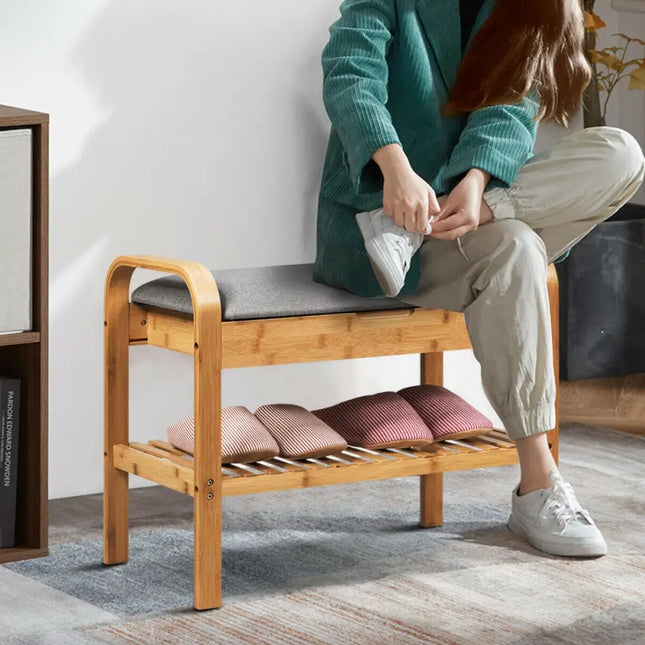 Shoe Rack Bench Bamboo with Storage Shelf-Natural - Natural - Shoe Racks & Storage Benches