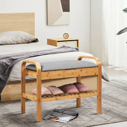 Shoe Rack Bench Bamboo with Storage Shelf-Natural - Natural - Shoe Racks & Storage Benches