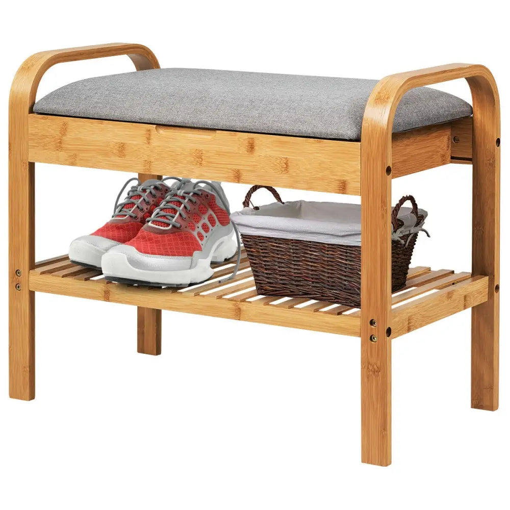 Shoe Rack Bench Bamboo with Storage Shelf-Natural - Natural - Shoe Racks & Storage Benches